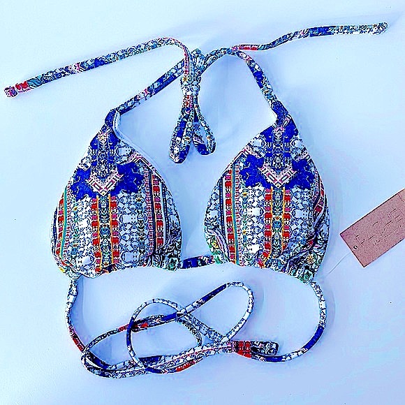Rachel Roy triangle string bikini top Moroccan blue orange white multi XS to M - Picture 9 of 12